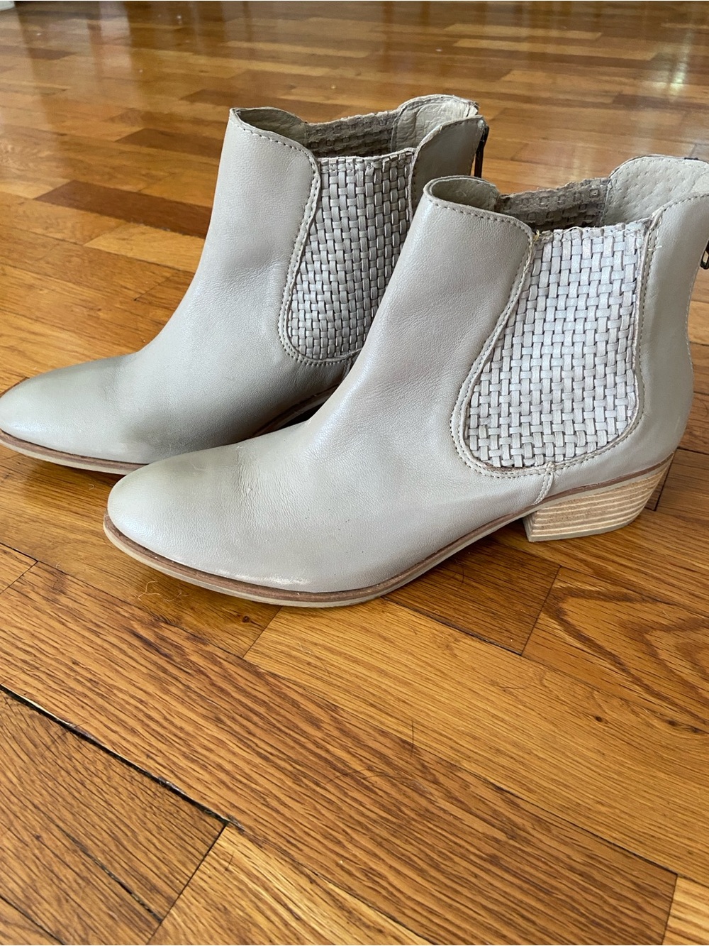 Woven Panel Cream Leather Ankle Boots